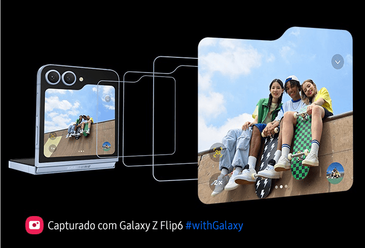 Uma foto de três amigos é vista na Flex Window do Galaxy Z Flip6. O Zoom Automático é usado para ampliar os assuntos sem usar as mãos.