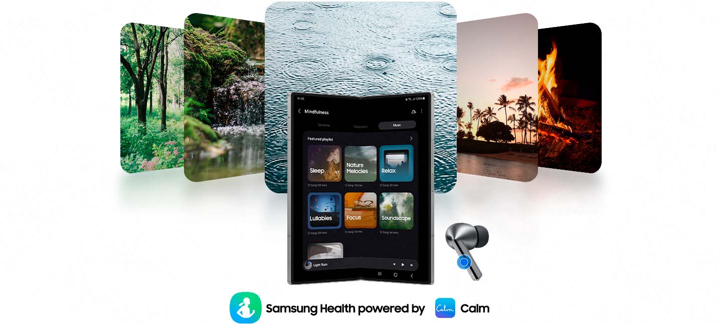 Z Fold6 está aberto com um fone de ouvido Galaxy Buds3 Pro à direita e ícones dos aplicativos Samsung Health e Calm embaixo. Na parte de trás está uma imagem de um escritório que muda para 5 imagens da natureza uma vez que o aplicativo Mindfulness é aberto. Da esquerda para a direita, há árvores, um rio, gotas de chuva caindo, palmeiras e uma fogueira.