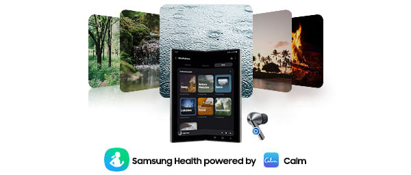 Z Fold6 está aberto com um fone de ouvido Galaxy Buds3 Pro à direita e ícones dos aplicativos Samsung Health e Calm embaixo. Na parte de trás está uma imagem de um escritório que muda para 5 imagens da natureza uma vez que o aplicativo Mindfulness é aberto. Da esquerda para a direita, há árvores, um rio, gotas de chuva caindo, palmeiras e uma fogueira.