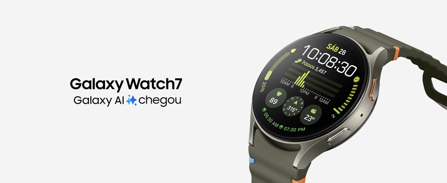 Um Galaxy Watch7 com um mostrador de relógio que exibe frequência cardíaca, passos e outras métricas de treino está ligeiramente inclinado para o canto superior esquerdo. Um texto “Galaxy AI chegou” com um ícone do Galaxy AI pode ser visto.