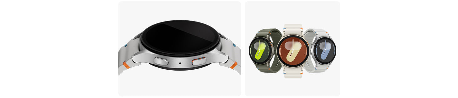 Um Galaxy Watch7 voltado para cima é visto em close, destacando seu design flutuante. Três outros dispositivos Galaxy Watch7 estão voltados para a frente em ângulos ligeiramente diferentes para mostrar o design geral.