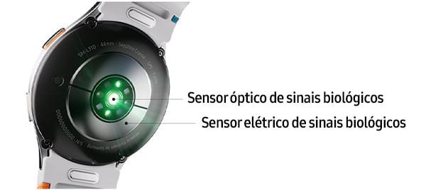 Um Galaxy Watch7 visto por trás, mostrando seu sensor de bio-sinal elétrico e seu sensor de bio-sinal óptico com uma luz LED verde saindo do centro.