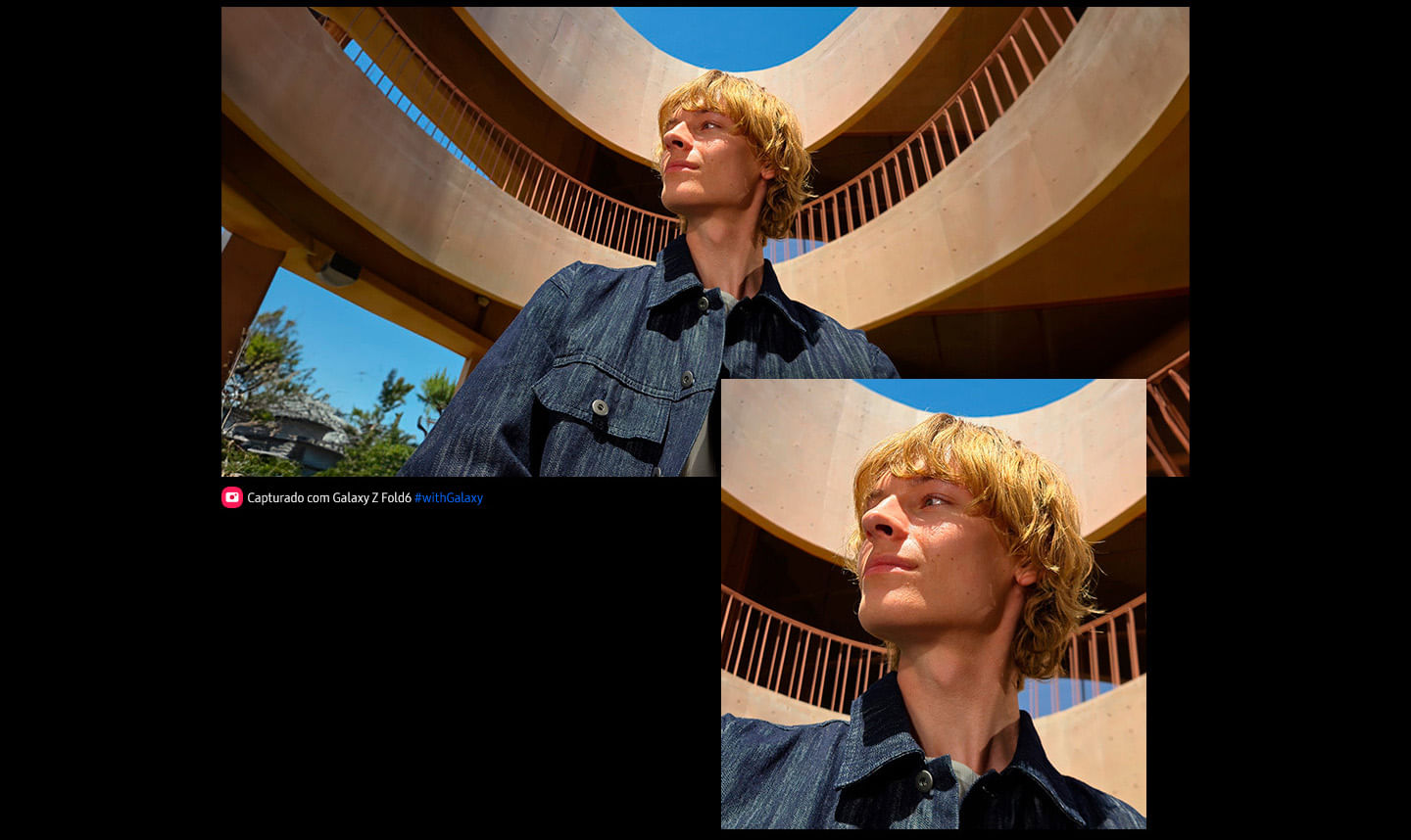 Uma foto de 50 megapixels de um homem e um edifício como pano de fundo mostra riqueza de detalhes e cores. Quando cortada e ampliada, os detalhes permanecem nítidos.
