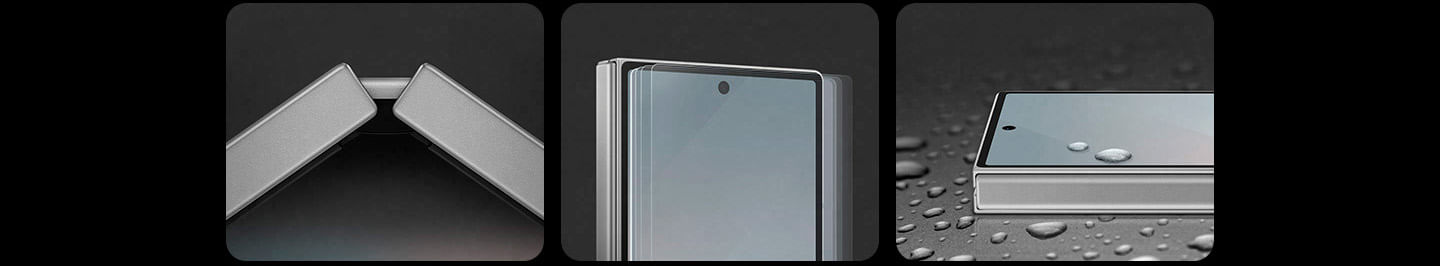 Um close da articulação do Galaxy Z Fold6, parcialmente desdobrado. Um close da tela principal do Galaxy Z Fold6 com uma folha protetora de vidro pairando sobre a parte superior. Um close de um canto do Galaxy Z Fold6 com respingos de água na lateral.