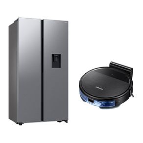 Geladeira Side by Side SmartThings com Dispenser de Água Samsung RS57 Inox 560L 127V + Aspirador Robô com conectividade Wi-FI combo