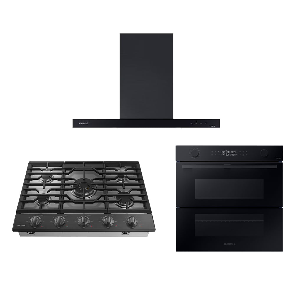 Cooktop Black Inox 5 Queimadores Wi-Fi + Kit de recirculação + Coifa Wi-Fi + Forno Elétrico Função Air Fry Wi-Fi 76L Combo
