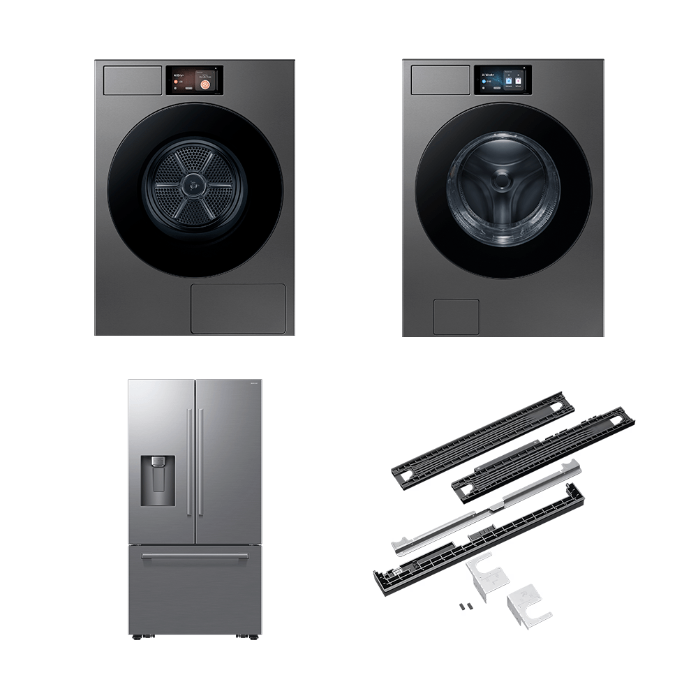 Secadora Samsung DV90F + Lavadora Samsung WF90F + Kit empilhamento Samsung + Geladeira Samsung RF70H 664L Combo